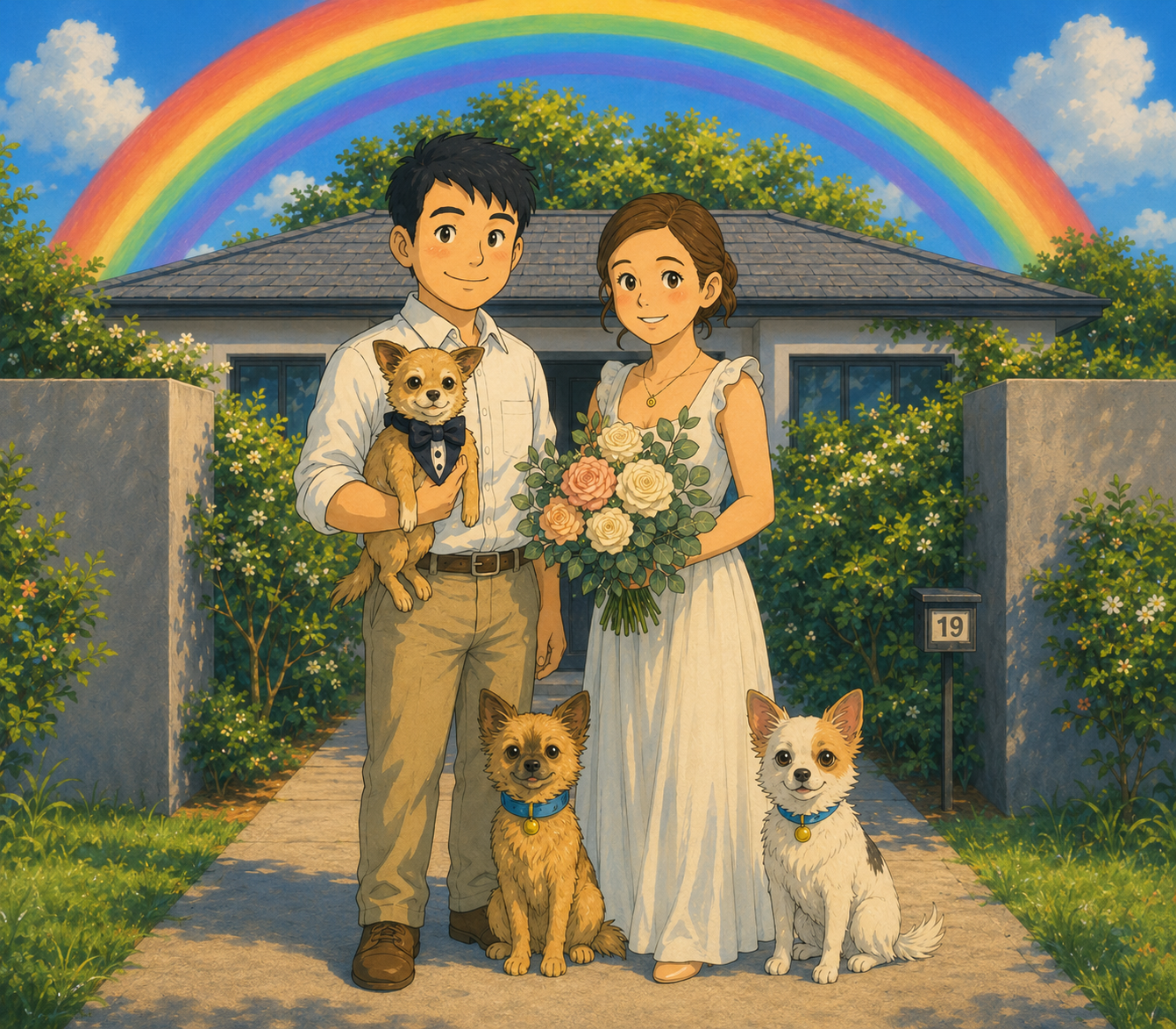 Illustrated family portrait in front of the house under a rainbow.