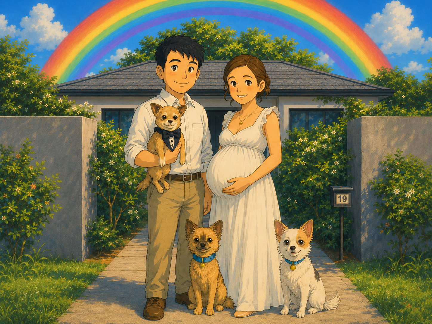 Illustrated family portrait in front of the house under a rainbow while awaiting Baby T.